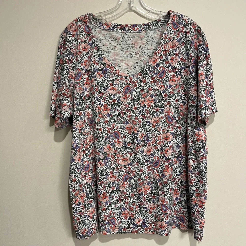 J. Jill Top Pima Slub Elbow Sleeve Tee Shirt V Neck Floral Paisley Pink XL - Picture 1 of 5